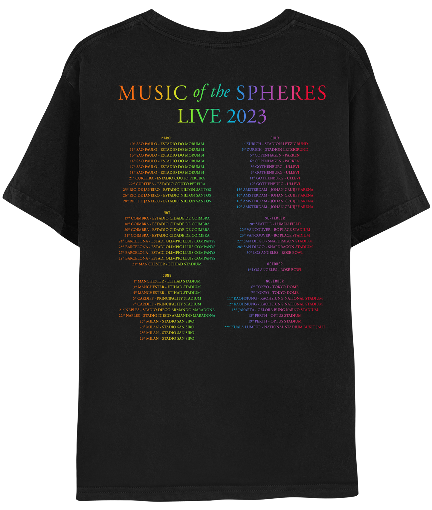 Back: MUSIC OF THE SPHERES and 2023 tour dates, cities and stadiums, in a neon colors gradient of orange, yellow, green, blue, violet, pink and red. LIVE 2023, in light green, yellow, blue, and purple. The dates go from January to November, organized in 2 columns.