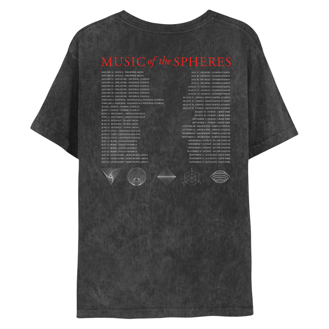 Back: MUSIC OF THE SPHERES above 2024 tour dates in white in two widespread columns; Geometric symbols sit below. Spiral triangle, a fixed border with lines creating a swirl inside. Circles within a circle creating a black hole effect. A square standing on it's edge with smaller squares layered inside. A cube within a 2-D hexagon with lines extending through the top & the lower left and right sides. A set of circles stacked vertically, widening at the middle like a planet's ring. Fabric is washed out dark g