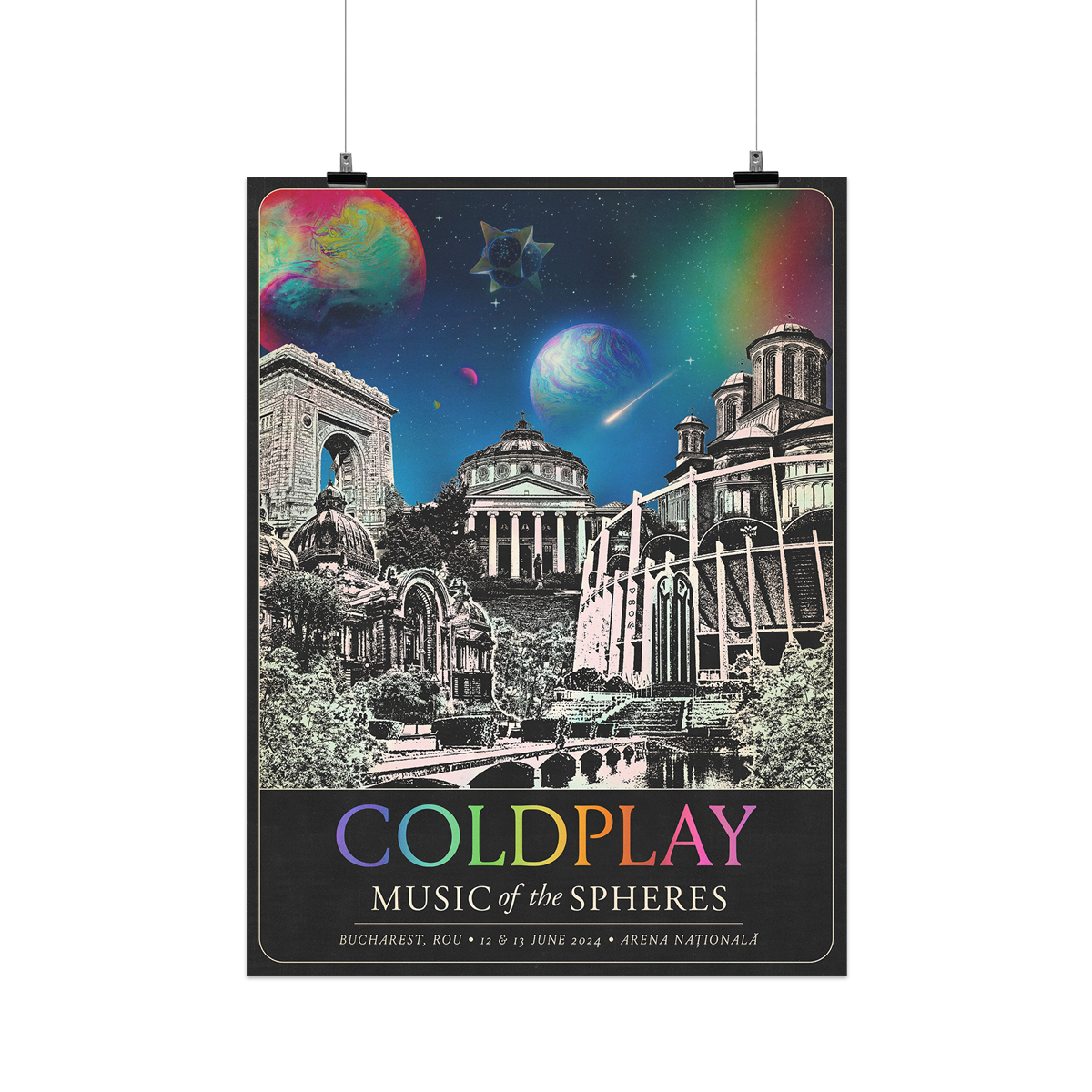 The spheres,🌘&a rainbow arc on a starry night sky above city landmarks: The Triumphal Arch with decorative stone carvings. The Romanian Athenaeum concert hall, with a round dome and large Corinthian columns. Orthodox churches, with tall towers and arched windows, and The CEC Palace with intricate stone work. A🤍♾️circle&🌈adorn Arena Națională, a circular, retractible roof stadium. COLDPLAY written in neon rainbow colors. MUSIC OF THE SPHERES, dates&venue