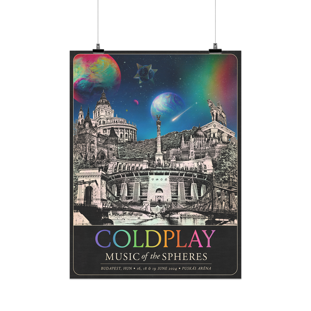 The spheres,🌘&a rainbow arc on a starry night sky above city landmarks: St. Stephen's Basilica. Vajdahunyad Castle. The Széchenyi Chain bridge and the Liberty bridge, running over the Donau River. The Fisherman's Bastion, with the statue of King Saint Stephen. The parliament, and the Heroes’ Square. A🤍♾️circle&🌈adorn Puskás Aréna. COLDPLAY written in neon rainbow colors. MUSIC OF THE SPHERES, dates&venue