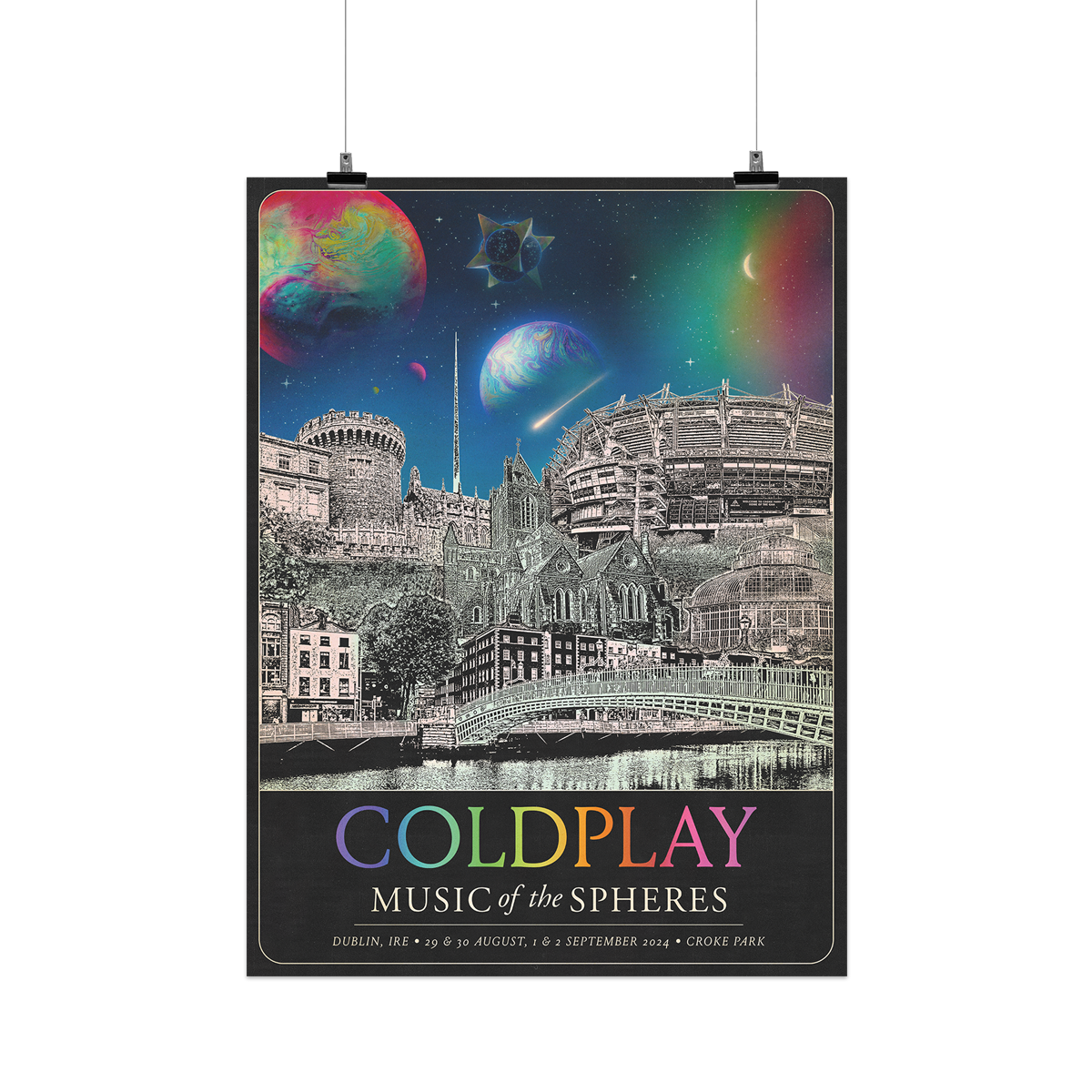 1: The spheres,🌘&a rainbow arc on a starry night sky above city landmarks: Croke Park, Ireland’s biggest🏟️The Dublin quays, with pubs, roads&walkable areas of attraction. St Patrick’s Cathedral. The round tower of Dublin Castle. The Monument of Light, a needle-like spire present on O'Connell Street. And the dome-shaped botanical gardens with glass houses. A🤍♾️circle&🌈adorn the Halfpenny bridge, that goes over the Lifey River. COLDPLAY written in neon rainbow colors. MUSIC OF THE SPHERES, dates&venue