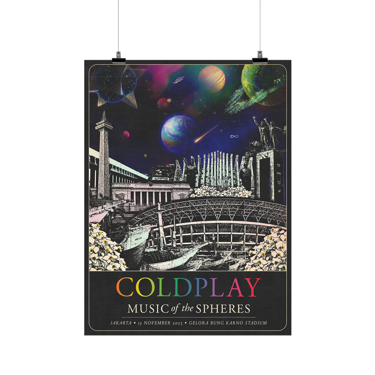 The spheres,🌘&a rainbow arc on a starry night sky above city landmarks: The National and Proclamation monuments, signifying Indonesian independence. The presidential palace. The VOC arrival ship, used for spice trading. The Istiqlal mosque adorned with white orchids, and Gelora Bung Karno Stadium. A🤍♾️circle&🌈adorn The Jakarta Welcome monument, where a man and a woman wave to visitors, in the center of a fountain. COLDPLAY written in neon rainbow colors. MUSIC OF THE SPHERES, date&venue