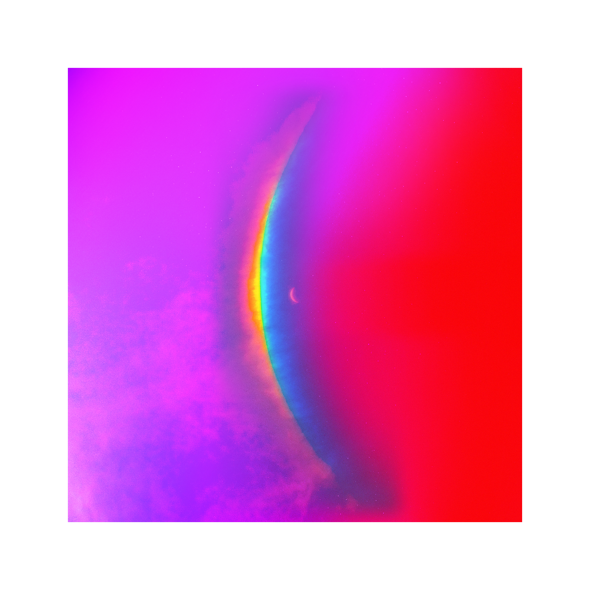 1: The album artwork features a crescent moon in the center, with a large, arced rainbow light dispersion to the left. The colors created by the light dispersion flow from red to orange, yellow, green, light&dark blue. In contrast to the standard edition, which has a blue sky filled with stars, on the Full Moon edition, the design stands out on a rich background of red, purple and lilac hues that smoothly shift through darker and lighter shades, making a seamless gradient.