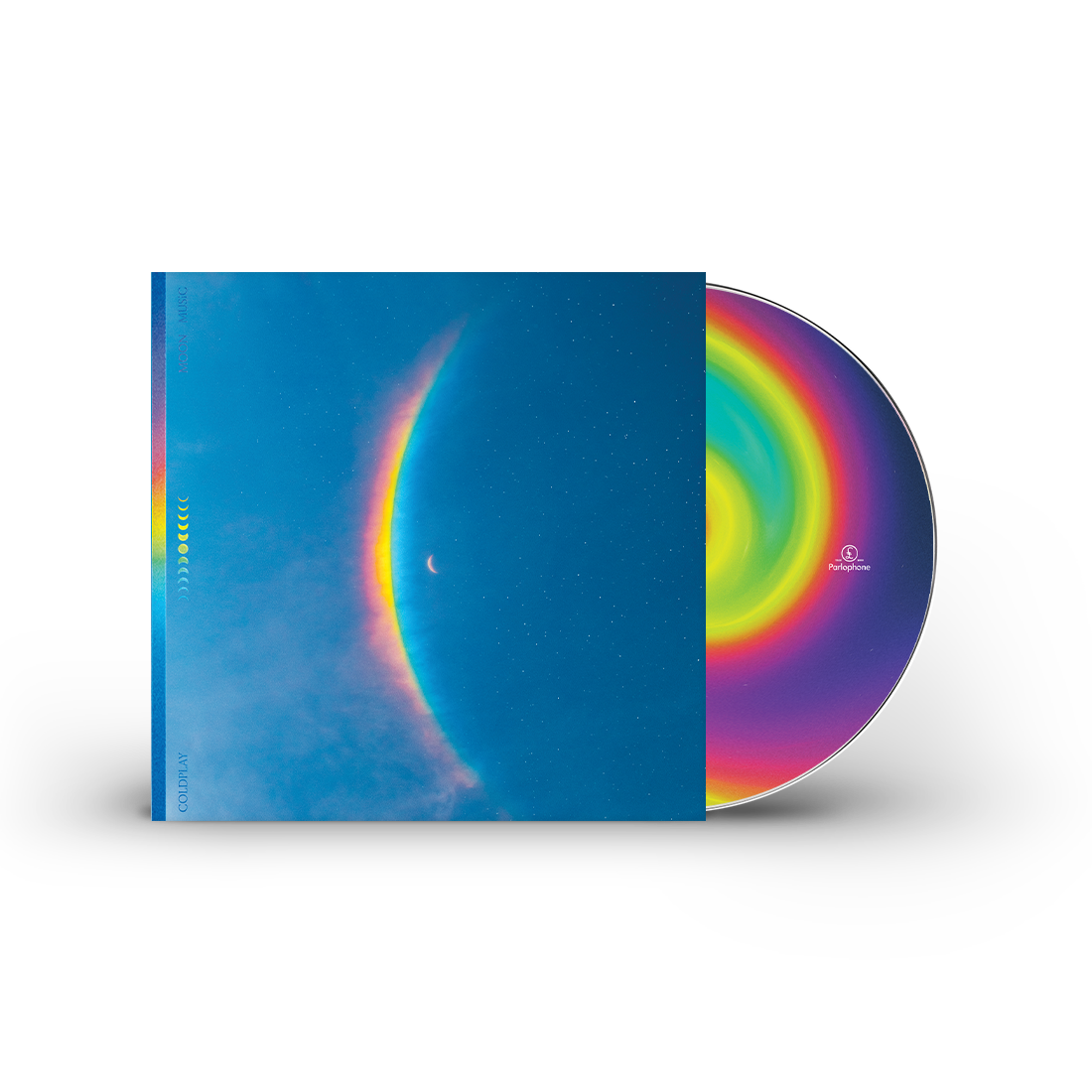 CD case: The artwork features a centered🌘with a large, arced rainbow light dispersion to the left. The colors flow from red to orange, yellow, green, light&dark blue, on a blue night sky filled with stars. An11face moon cycle is arranged vertically, from🌒to full moon in the center, back to🌘Moon Music&Coldplay are written in light blue on the left. A Parlophone Records logo is also visible. On the disc itself, the center label has a radiant spiral, drawn with blue, pink, purple, yellow&green shades.