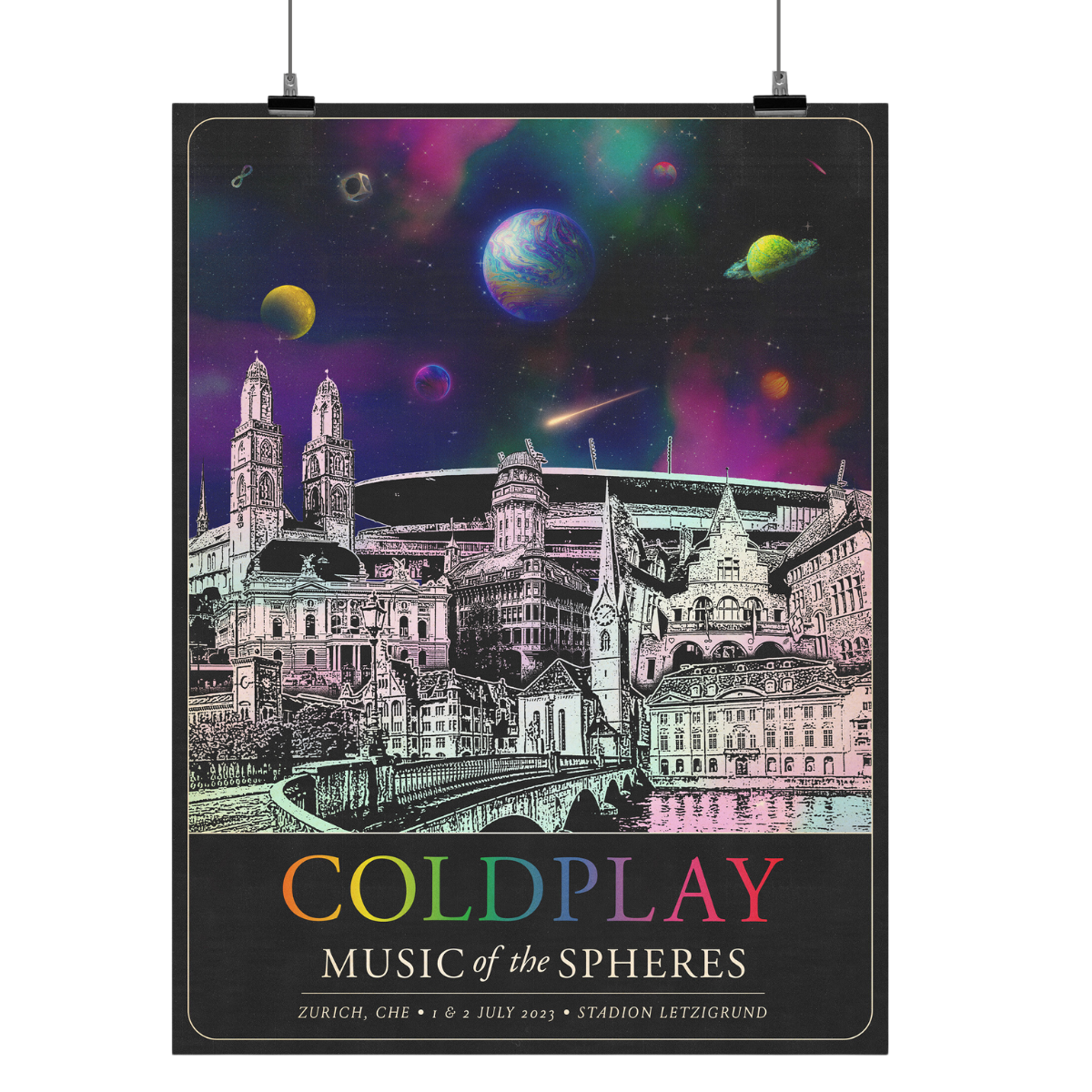 The spheres,🌘&a rainbow arc on a starry night sky above city landmarks: Fraumünster church, with the stained glass windows by Chagall. The Opera House, with Baroque decor&angel statues. The Grossmünster cathedral and its twin towers. St. Peter’s Church, with a large clock face. The observatory dome, Swiss National Museum. Letzigrund Stadium, and Limmat River. A🤍♾️circle&🌈adorn the 3 arches of Münsterbrücke bridge. COLDPLAY written in neon rainbow colors. MUSIC OF THE SPHERES, dates&venue