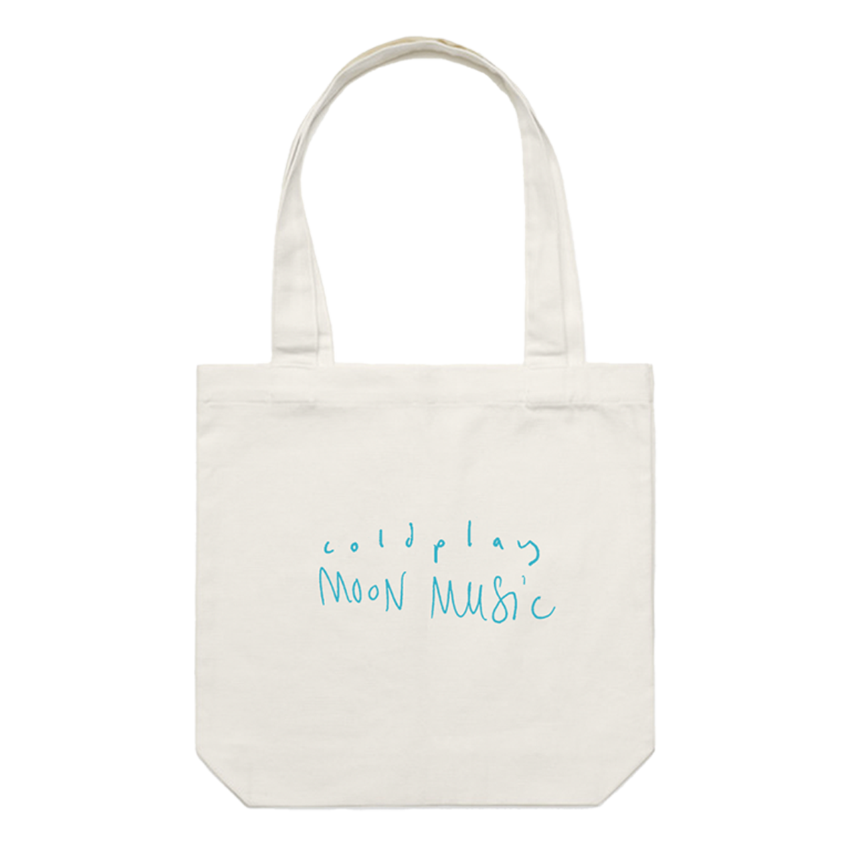 Back: coldplay and MOON MUSIC are in bright blue handwriting in the center of the bag. The album title is in all caps below the band name, which is smaller and lowercase. The letters are slightly uneven, giving it a playful, artistic feel.