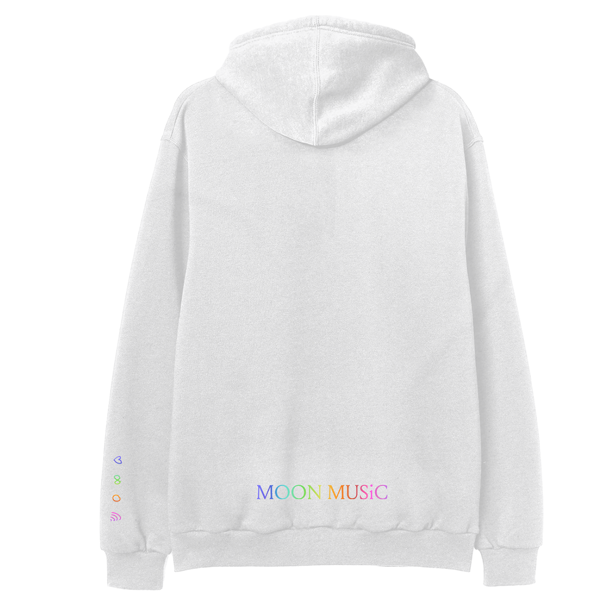 Back. MOON MUSIC written in rainbow colors on the low back above the hem. M is purple, first O is light blue, second O is teal, N is green to yellow, M is orange, U is dark orange, S and I are bright pink, and C is a muted pink. The hoodie is white heather.
