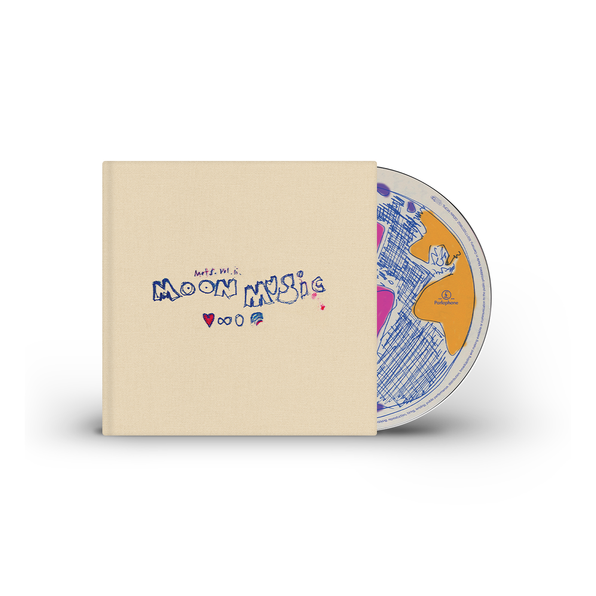 CD in beige case. The front reads “Moon Music” in blue ink; there’s a red heart, a rainbow&an infinity sign. The CD design is a hand-drawn globe with colorful continents, and a jigsaw🧩with a Parlophone logo, both in orange.