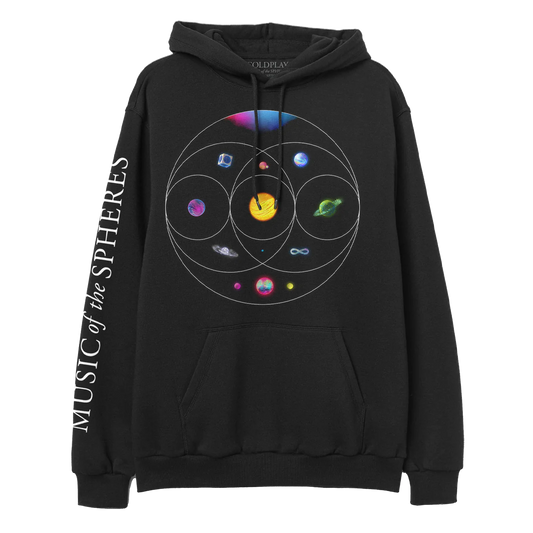 Front: COLDPLAY in neon colors across the chest; 11 planets sit inside eccentric circles which overlap like a Venn diagram below. A pink&blue nebula, blue planet in a silver cube. Pink planet with orange crater&green moon. One where light blue, orange pink streaks flow as water. Yellow and orange sun-like planet, one of magenta&dark blue waves, a green planet with ring made of foliage, an opalescent sphere with large ring, a purple, green&blue infinity sign, and a pink, blue&green planet with neon moons.
