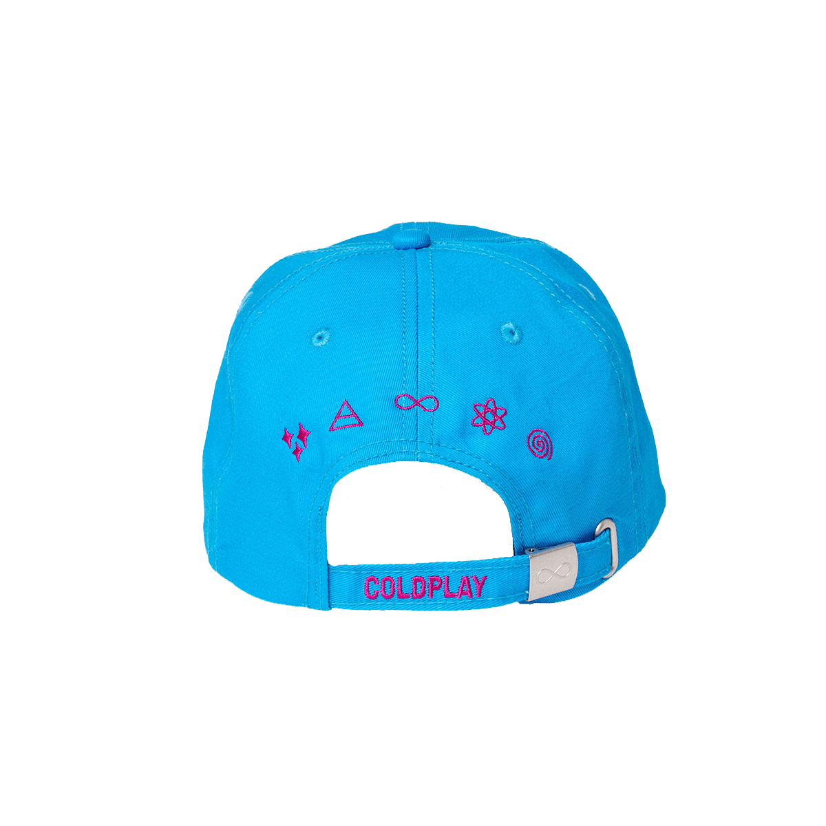 Back: With bright pink symbols: sparkles as 3 tiny stars, a triangle with a horizontal line through it meaning air in alchemy, an infinity sign, an atom with 3 elliptical orbits and electrons spinning around a nucleus, and a spiral swirl as a cyclone. COLDPLAY in pink near the buckle.
