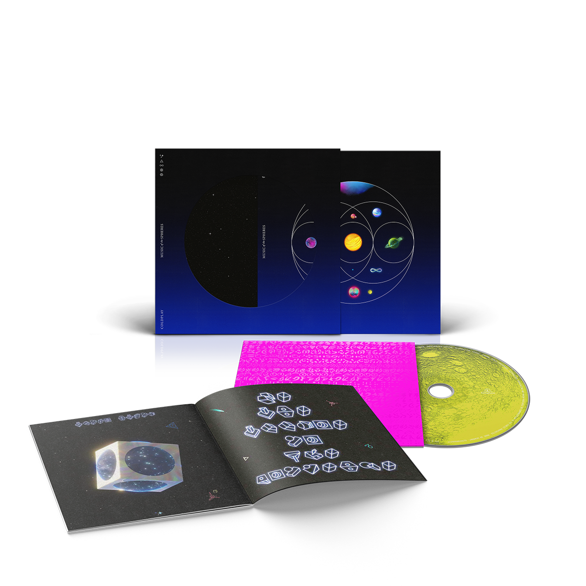 Yellow💿pink case,&alien alphabet📖coverFades fromBlack toBlue: 11planetsIn circles overlap likeVennDiagram: pink, blue, green&purpleNebula. GreenPlanet of flowers, turquoiseRivers&foliage💍goldenSphere of solarFlares&fieryOrangeLava. Planet of darkBlue, magenta&white oceanWaves. DeepBlue circuitBoard planet in silverCube.1of purple&indigoSwirls.1as aPurple, blue&green♾️Blue&purplePlanet. PinkSphere withOrangeCrater&greenMoon. BrightBlueOpal with💍&pink, blue, purple&greenPlanet with pink&yellowNeonMoons