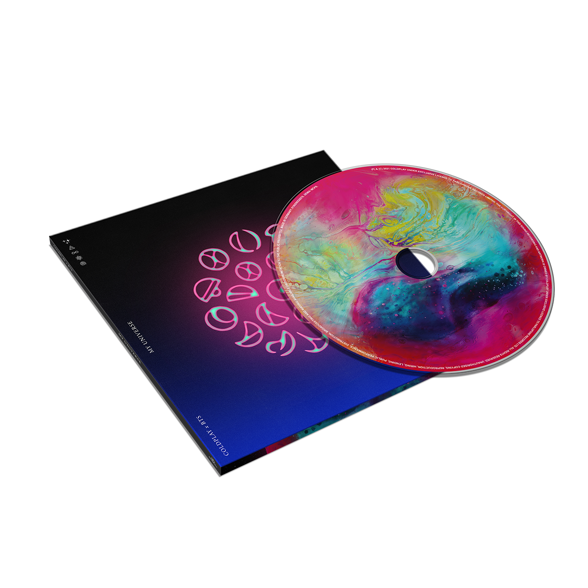 1: CD&case. The CD shows Epiphane, a planet with a fluorescent hot pink atmosphere of metallic blue, aqua, yellow, purple&green swirls of color bubbling inside, as if they were shifting galaxies or nebulae. The cover background fades from black on the top, to deep blue on the bottom. It has a pink gradient circle, with neon pink letters in Spheric, the planets language, whose alphabet is made of circles&curves. The letters form a circle. On the bottom left, it reads: MY UNIVERSE; COLDPLAY X BTS, in white