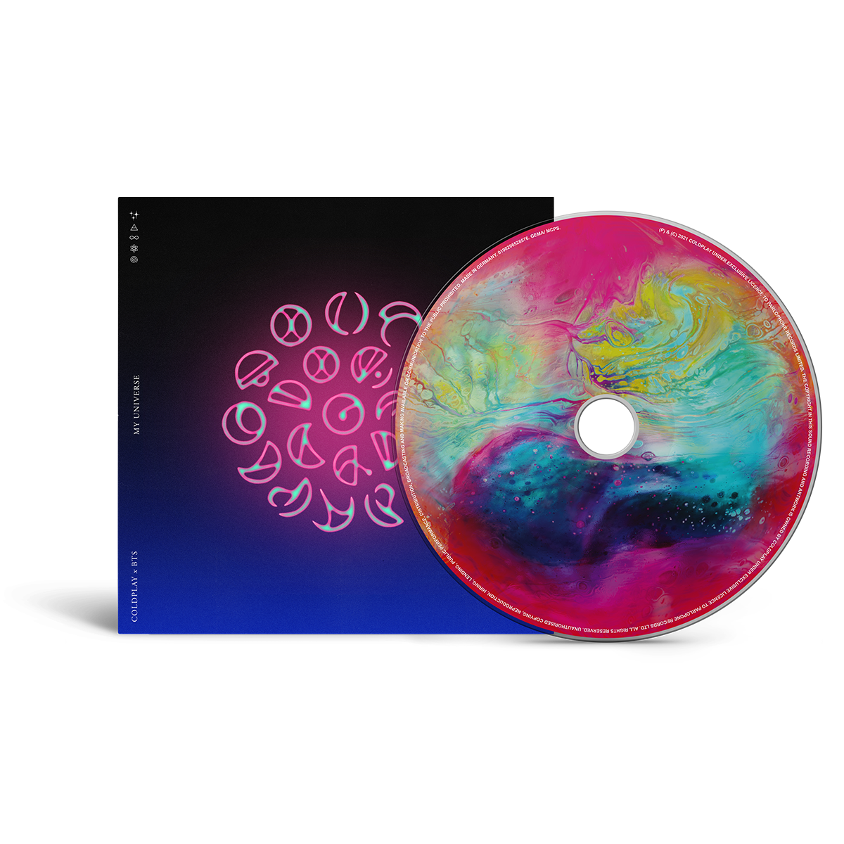 4: The disc features Epiphane, a glowing planet with a fluorescent hot pink atmosphere of metallic blue, aqua, yellow, purple&green swirls of color bubbling inside, as if they were shifting galaxies or nebulae. Around the CD edge, there is fine white text, likely production credits&legal information. The cover with the pink Spheric letters is partially visible, although eclipsed by the CD