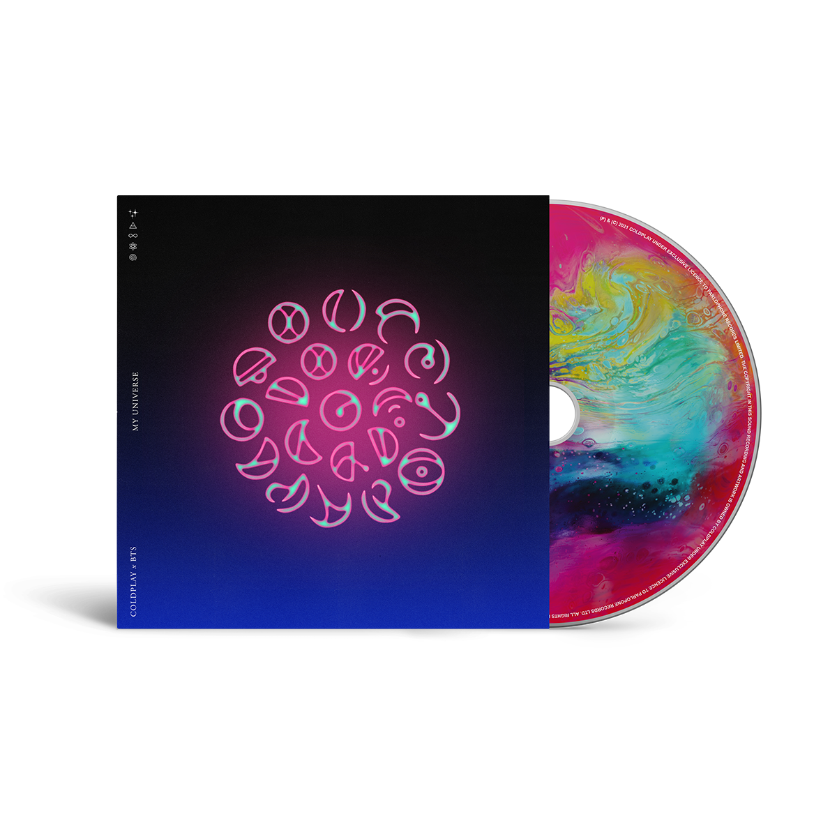 3: The cover on the case has a background that transitions from black at the top, to deep blue on the bottom. In the center is a pink gradient circle, with fluorescent neon pink letters in Epiphane's language, Spheric, which is an alphabet made of circles and curves. The letters are a pinkish magenta hue, similar to bioluminescence. They form a💍The bottom left corner reads MY UNIVERSE; COLDPLAY X BTS in white. The top is adorned by a spiral,🌼♾️a triangle crossed by a line,&✨The CD is partially visible