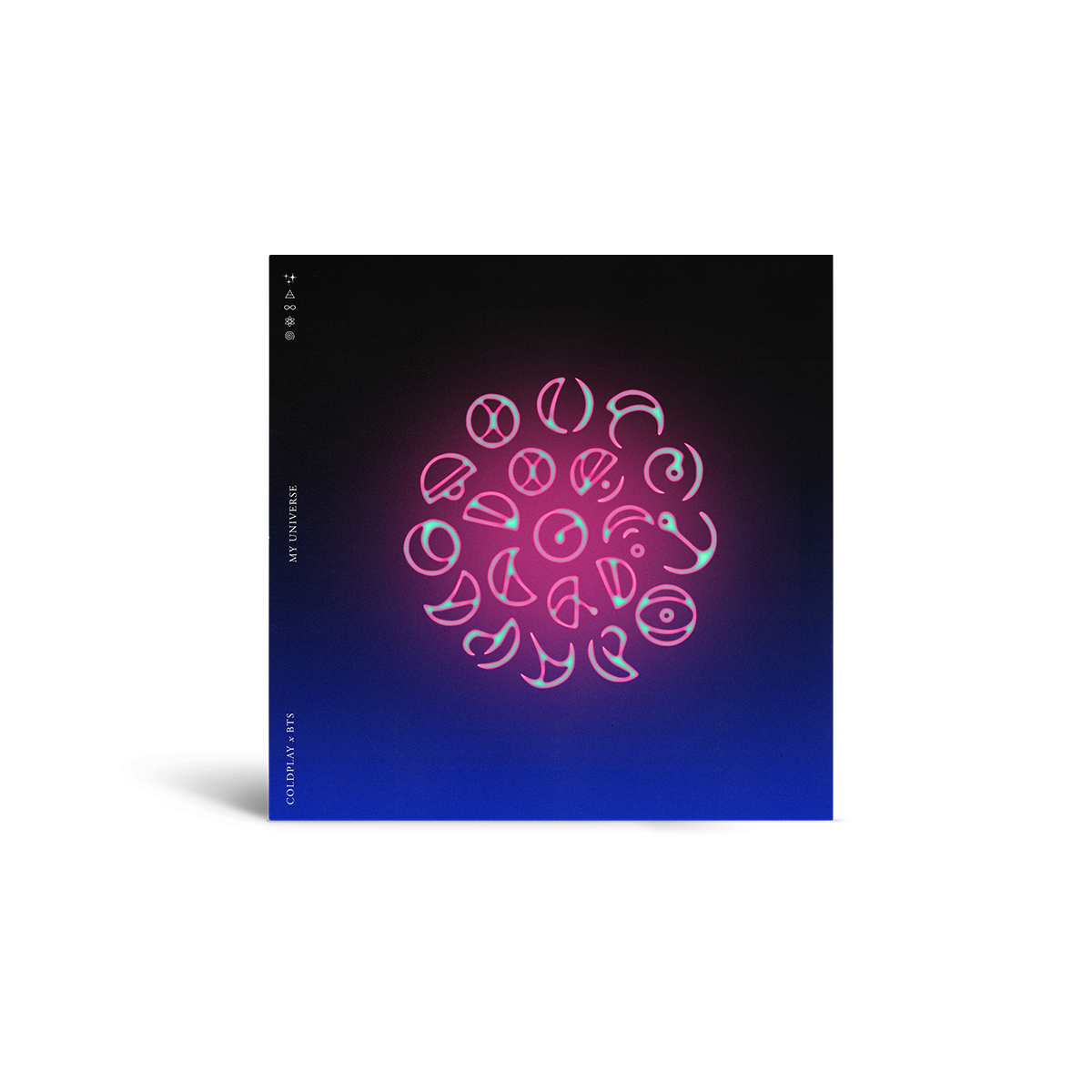 5: The cover’s background transitions from black at the top, to deep blue on the bottom. In the center is a pinkGradientCircle, with fluorescent neonPink letters in Epiphane's language, Spheric, which is an alphabet made of circles and curves. The letters are a pinkishMagenta hue, similar to bioluminescence. They form a💍The bottom left corner reads MY UNIVERSE; COLDPLAY X BTS in white. The top is adorned by a spiral,🌼♾️a triangle crossed by a line,&✨This photo shows the cover only. The CD is not visible