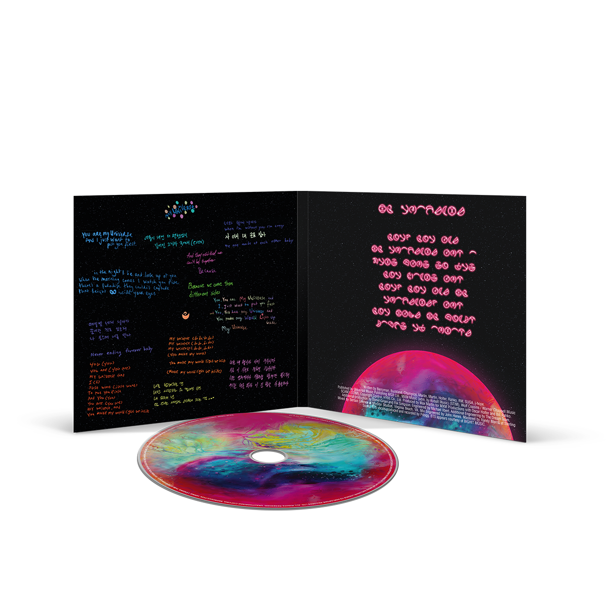 2: Inside cover. The left side has the hand-written song lyrics in light blue, green, white, orange, purple, pink, yellow, lilac&dark blue. All the colors are spread out in sections. The right side has a large drawing of Epiphane, the pink, blue, purple&green planet. We see half of it. Above this illustration is neon pink text in Spheric, the planet’s language, made of circles&curves. The text is arranged in a circle. On the bottom right are the credits, in fine white print. The CD partially peaks out