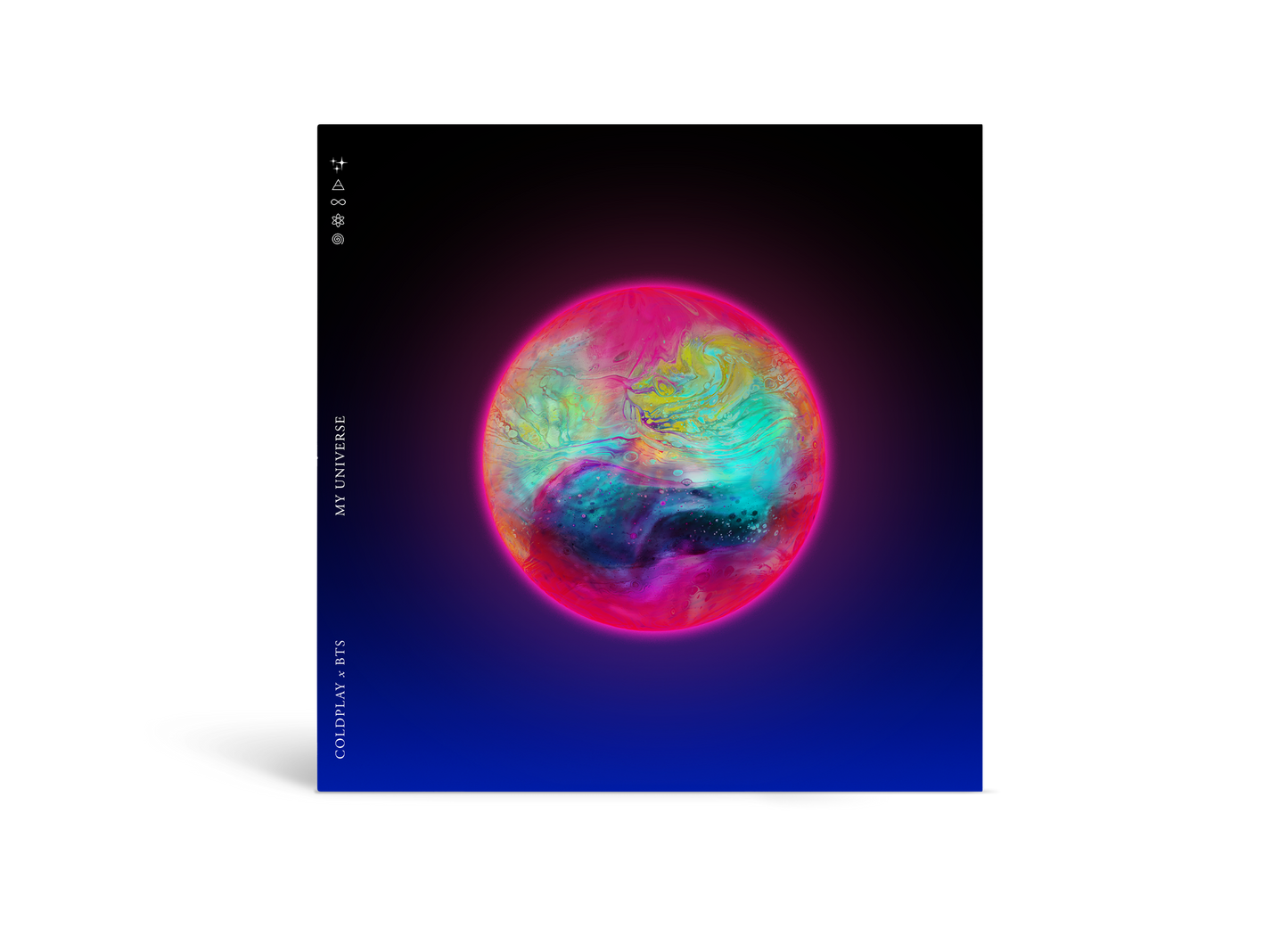Cover: the background transitions from black on the top, to deep blue on the bottom. It features Epiphane, a planet with a fluorescent hot pink atmosphere of metallic blue, aqua, yellow, purple&green swirls of color bubbling inside, as if they were shifting galaxies or nebulae. The bottom left corner reads MY UNIVERSE, COLDPLAY X BTS in white. Adorned by a spiral,🌼♾️a triangle crossed by a line,&✨The CD is not visible in this photo