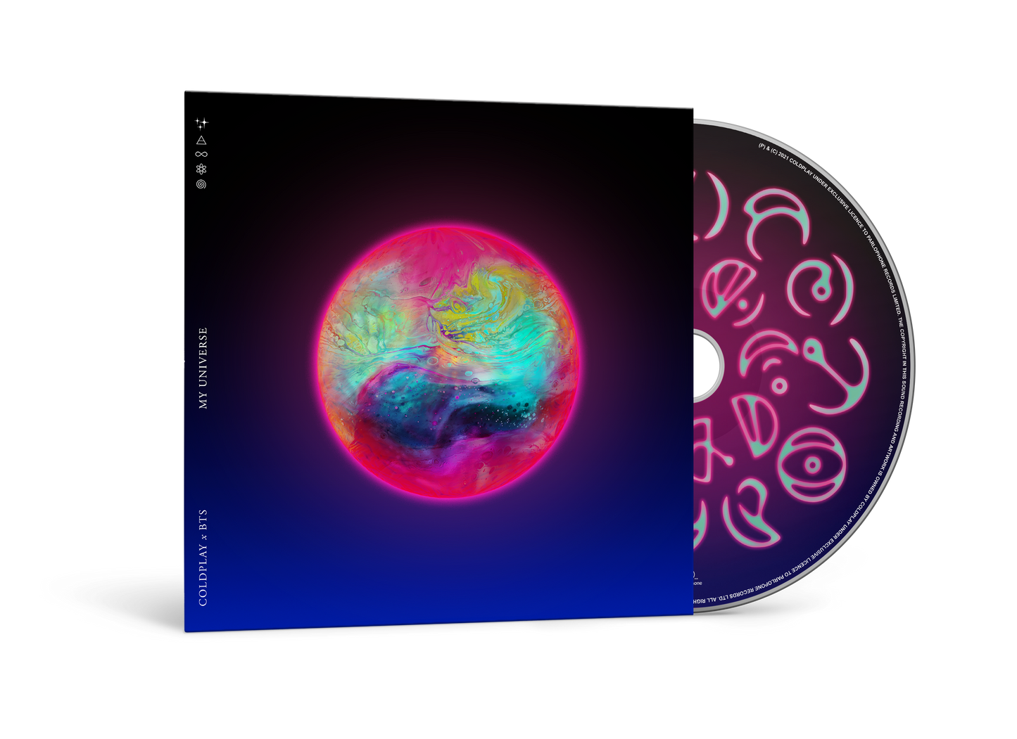 Cover with CD partially visible. On the case, the background transitions from black on the top, to deep blue on the bottom. It features Epiphane, a planet with a fluorescent hot pink atmosphere of metallic blue, aqua, yellow, purple&green swirls of color bubbling inside, as if they were shifting galaxies or nebulae. The bottom left corner reads MY UNIVERSE, COLDPLAY X BTS in white. We can see half of the disc, with the pink gradient circle,&the neon pink spheric letters forming a💍