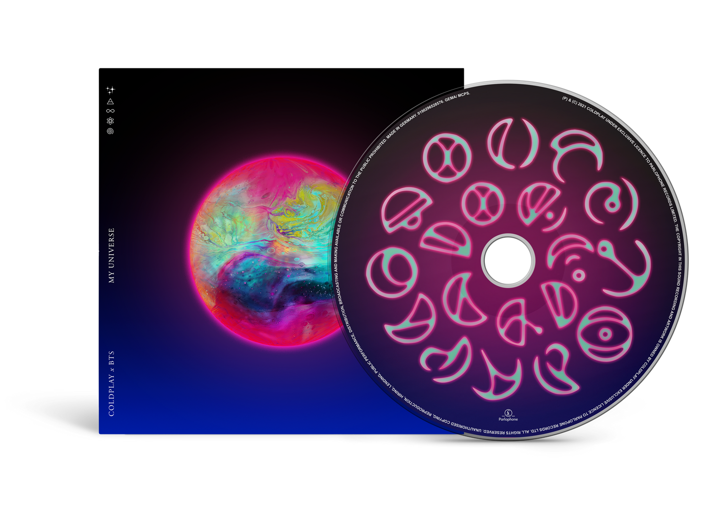 CD close-up. In the center is a pink gradient circle, with fluorescent neon pink letters in Epiphane's language, Spheric, which is an alphabet made of circles and curves. The Spheric font is a pinkish magenta hue, similar to bioluminescence. These letters form a circle. On the CD edge is Parlophone Records, All Rights Reserved, in white. The cover with the Epiphane planet and MY UNIVERSE, COLDPLAY X BTS written is also visible. But the CD is the main focus on this view, shown from the front