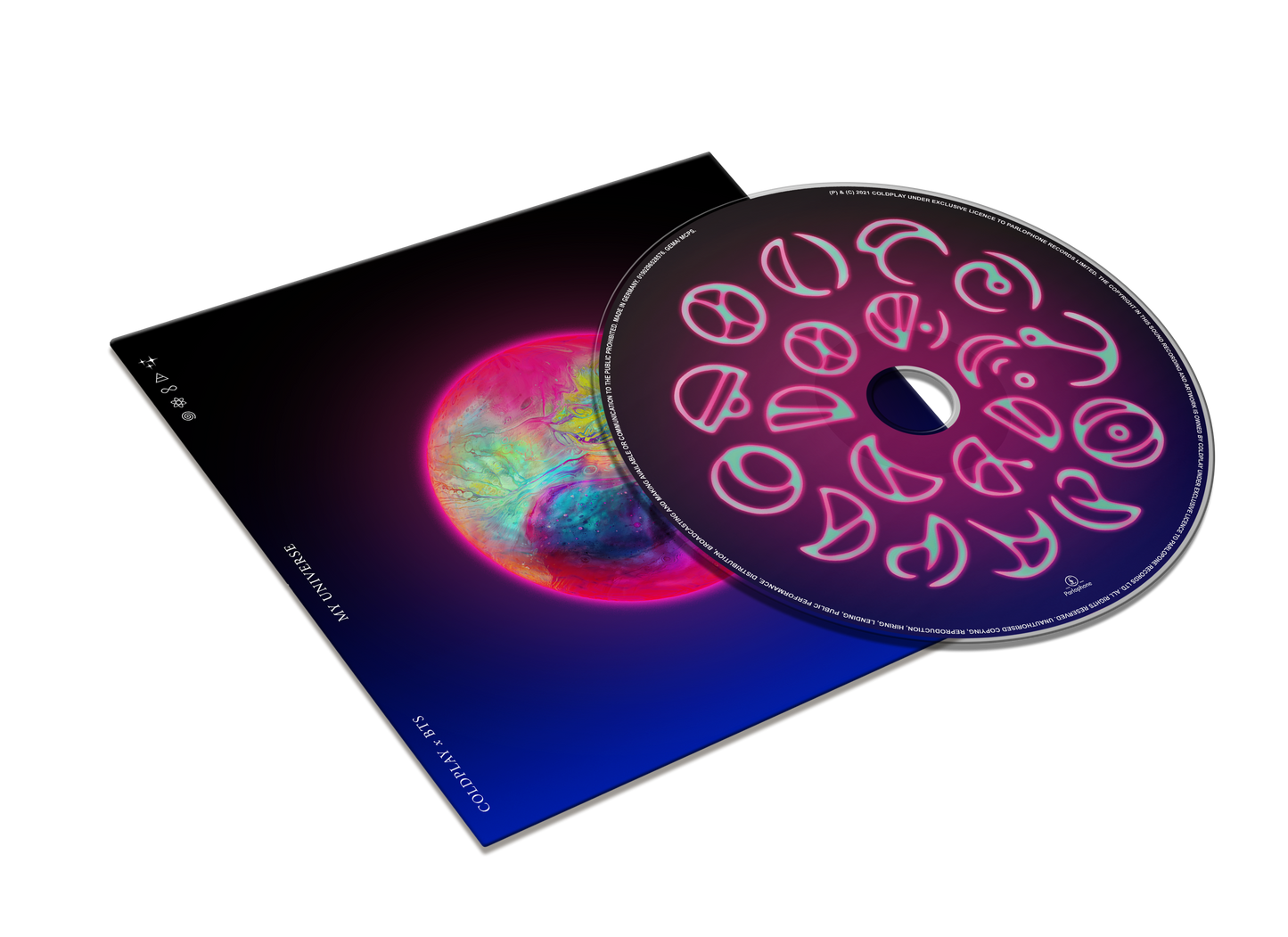 CD close-up. In the center is a pink gradient circle, with fluorescent neon pink letters in Epiphane's language, Spheric, which is an alphabet made of circles and curves. The Spheric font is a pinkish magenta hue, similar to bioluminescence. These letters form a circle. On the CD edge is Parlophone Records, All Rights Reserved in white. The cover with the Epiphane planet and MY UNIVERSE, COLDPLAY X BTS written is also visible. But the CD is the main focus on this view, now shown from its side