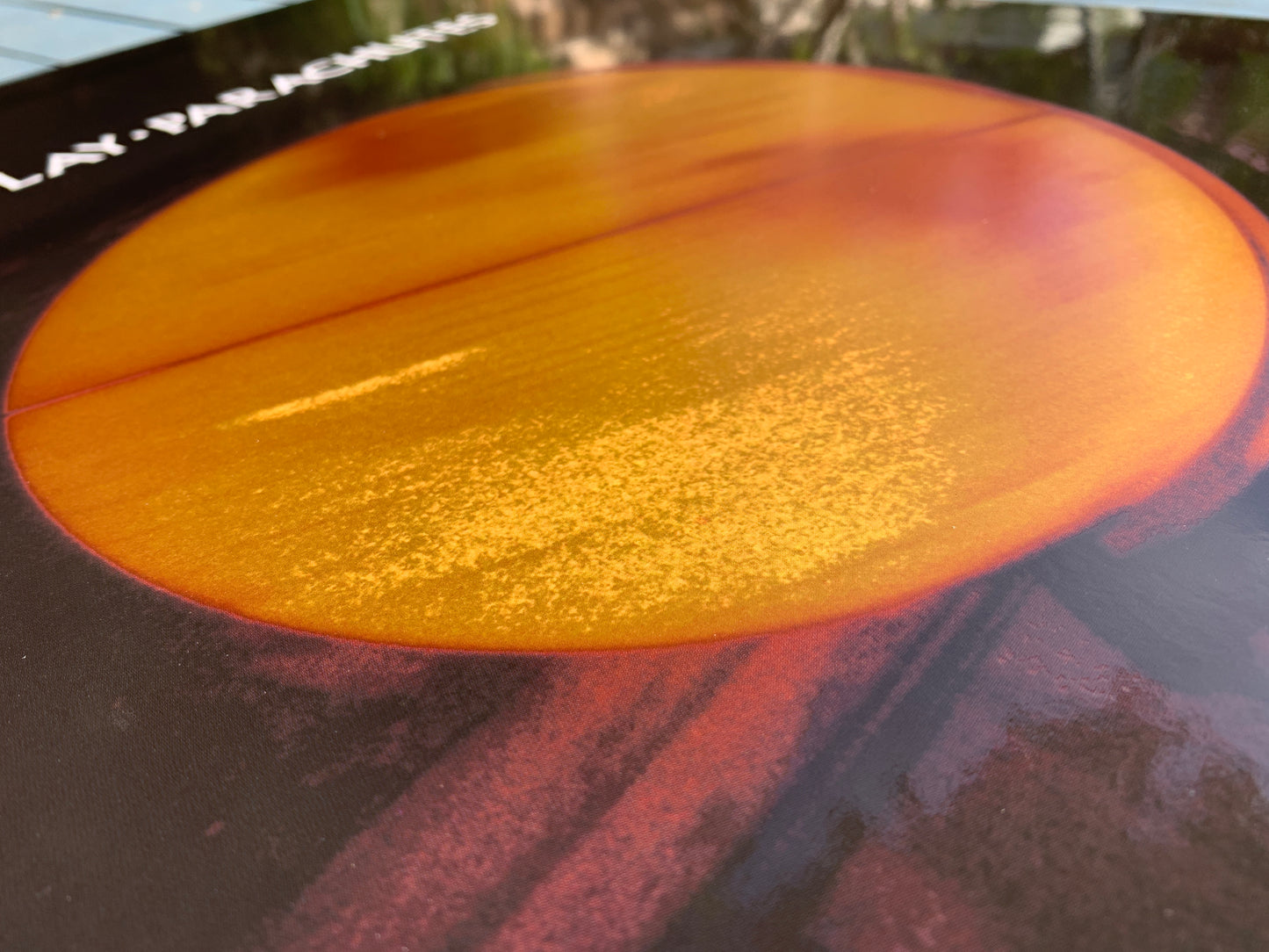 Zoomed in image of the Parachutes lithograph. It is the same photo as the previous images, but magnified for closer inspection.