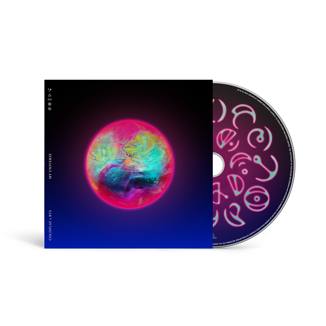 CD&cover. The disc has a pinkGradientCircle, with neon pink letters in Spheric, a planet language whose alphabet is made of circles&curves. The letters form a circle. The cover shows Epiphane, a glowing planet, with a fluorescent hot pink atmosphere of metallic blue, aqua, yellow, purple&green swirls of color bubbling up inside, as if they were shifting galaxies or nebulae. The bottom left corner reads: MY UNIVERSE; COLDPLAY X BTS, in white. The cover’s black at the top, fading to a deep blue background