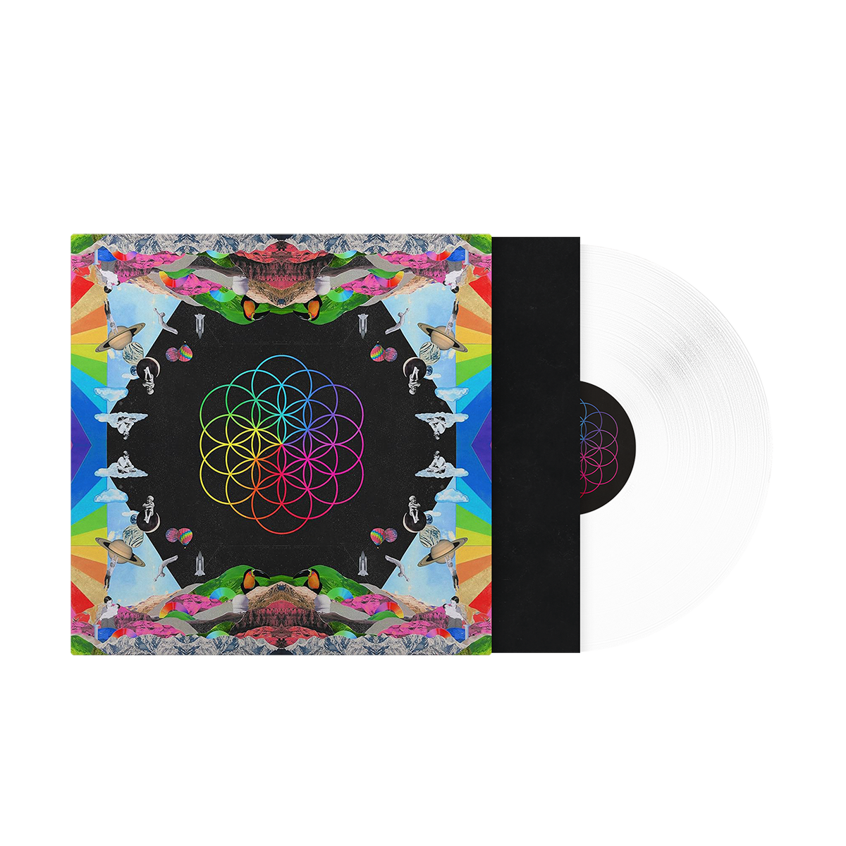 Half of a disc peaks out from its sleeve: TheFlowerOfLifeIsCentered on both LP&cover, WithIntertwinedCirclesAsBlue,Green,Yellow,Orange,Pink&purplePetals. On the artwork, theBandAppearAsKids: PhilSitsOn aWhiteFluffy☁️ChrisSitsOn the moon. JonnyHangsFromSaturnsRings, Will jumpsInto aSwimmingPool,&GuyHoldsHisBabyBrother. MirroredMountains&greenHillsGraceTheEdges,AsWellAsPlanets, a👨‍🚀rainbowStripes,Birds,&aToucanWith aBrightYellowChest,BlackHead&beak,&anOrangeFace;IllustrationsForm aKaleidoscope