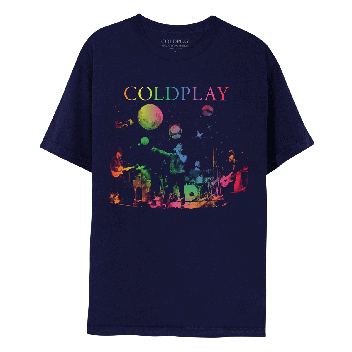 Front: Navy tee, with colorful depiction of the band performing on stage. Chris, in the center, wears a shortsleeve shirt and sings into a mic, in shades of green and blue. Jonny on the left, plays guitar, in red and orange shades. Will is behind the drum set, playing in shades of light blue and green. Guy is on the right playing bass, in pinks and reds. The spheres are above them. COLDPLAY printed across the chest in neon.
